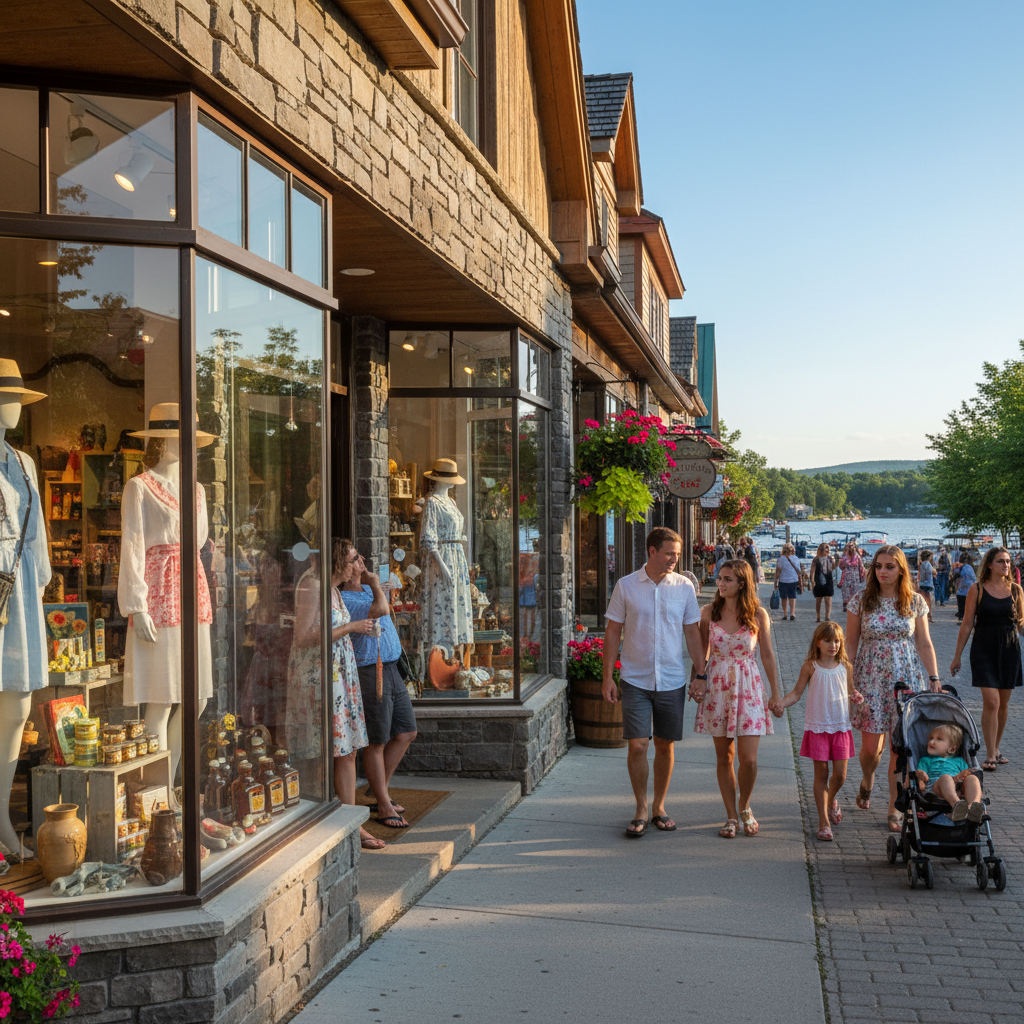 Pedestrians browsing shops in the Blue Mountain Village pedestrian area with colourful building facades and mountain views