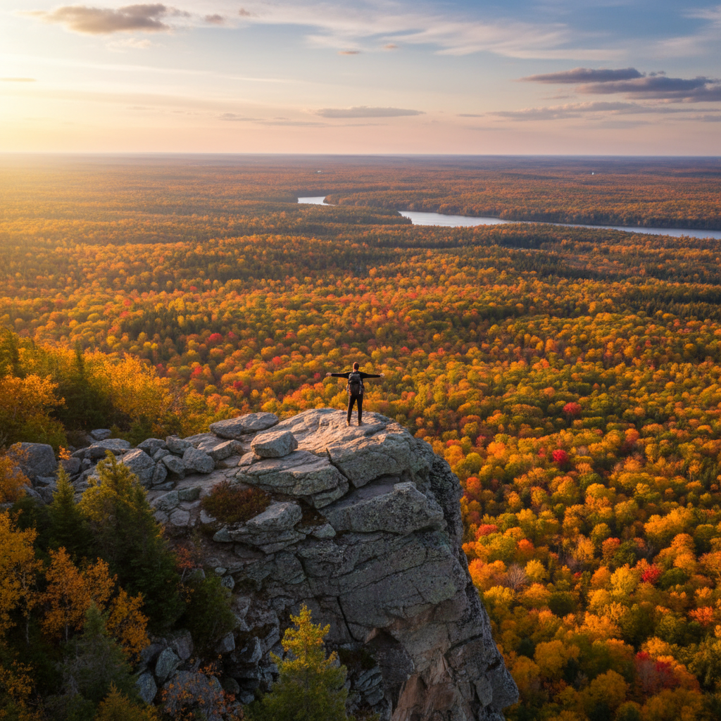 Hiker standing at a lookout point on the Bruce Trail above Collingwood with Georgian Bay in the distance