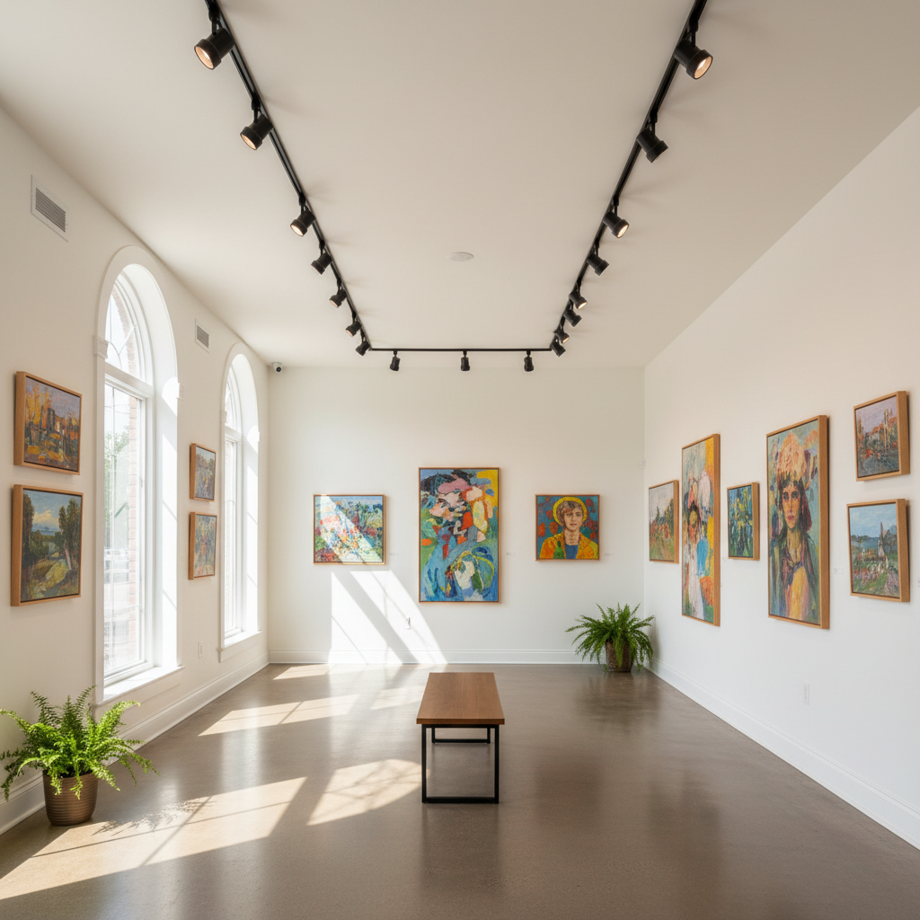 Interior of an art gallery on Hurontario Street in Collingwood showing paintings on white walls with natural light from large windows