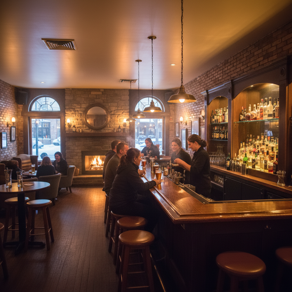 Interior of a cozy craft beer bar on Hurontario Street in Collingwood with warm lighting and patrons at the bar