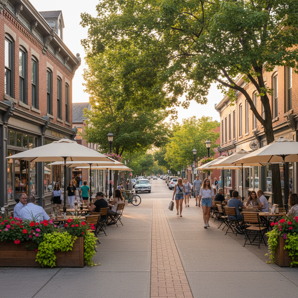 Hurontario Street in downtown Collingwood with shops and cafes