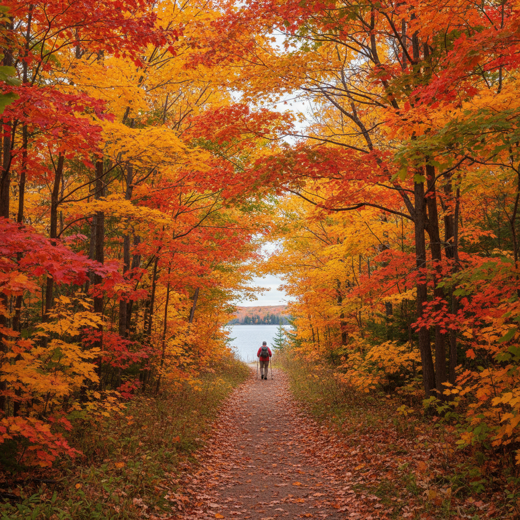 Hiker on a trail through fall foliage near Collingwood with golden light