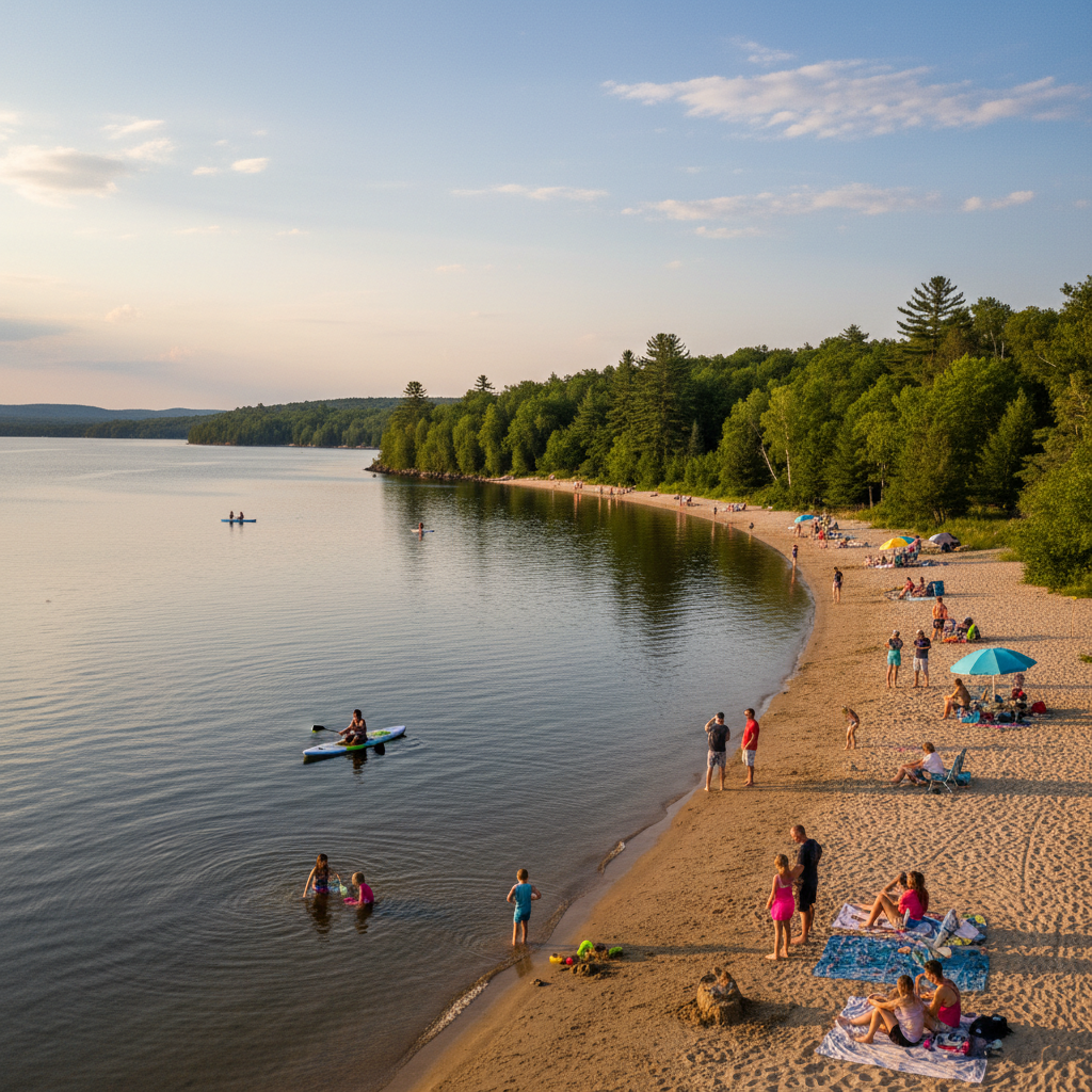 Sandy beach on Georgian Bay near Collingwood with swimmers and blue water