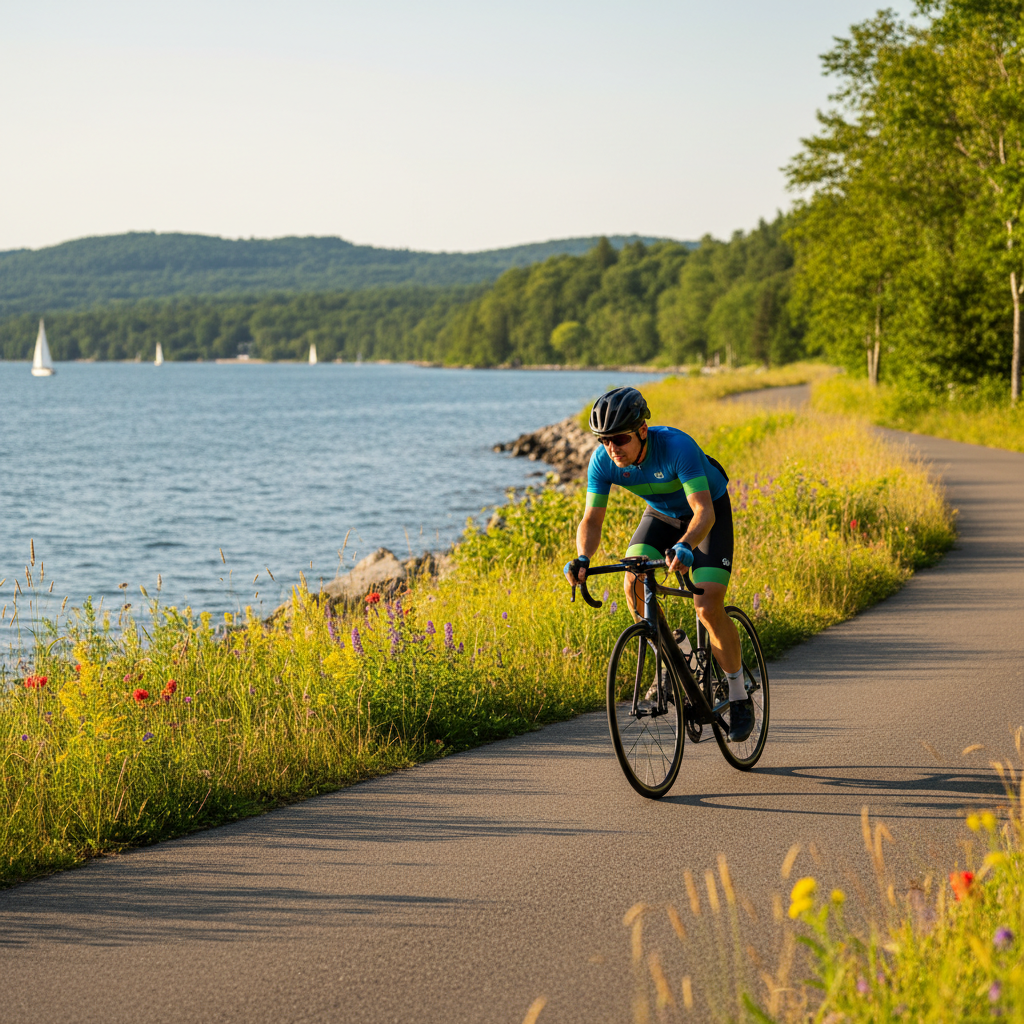 Cyclist on the Georgian Trail near Collingwood with Georgian Bay visible