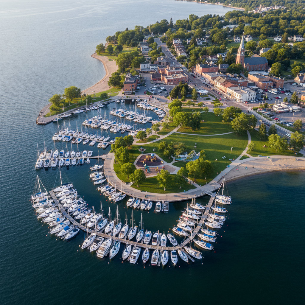 Aerial view of Collingwood harbour and downtown with Georgian Bay in the background