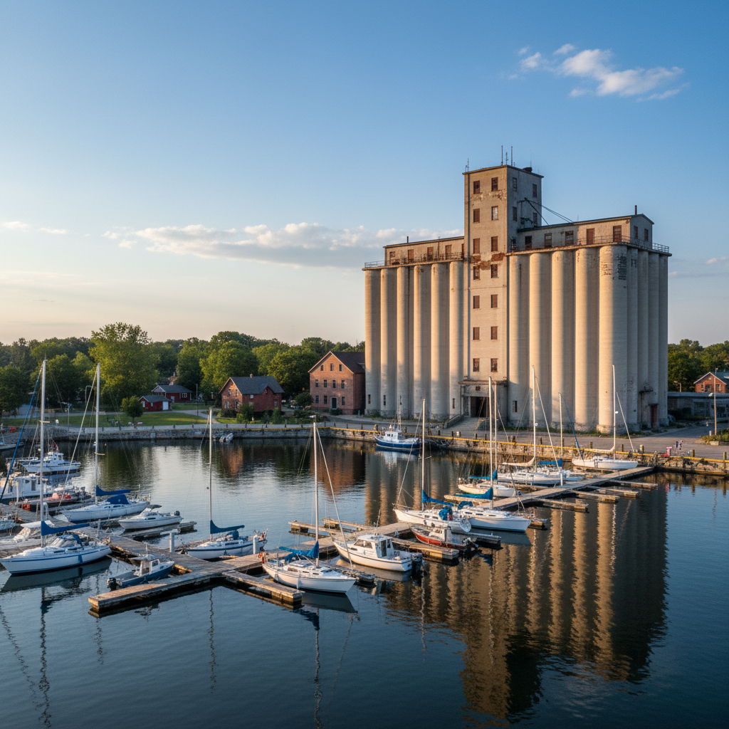The grain terminal buildings on the Collingwood harbour waterfront with Georgian Bay in the background