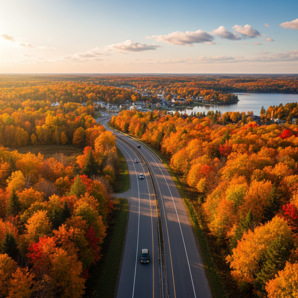 Scenic highway drive approaching Collingwood with green fields and escarpment views