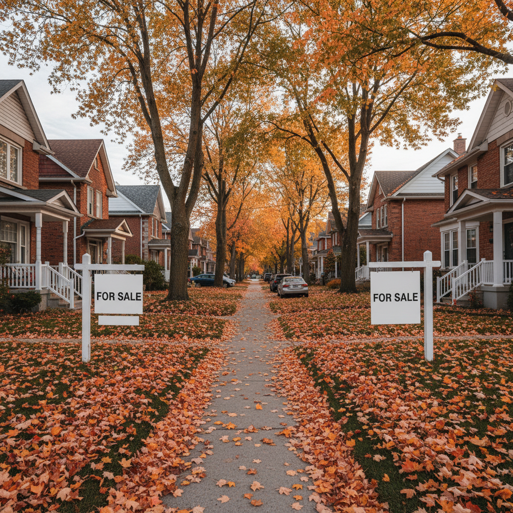 Residential homes along a quiet Collingwood street with for sale sign