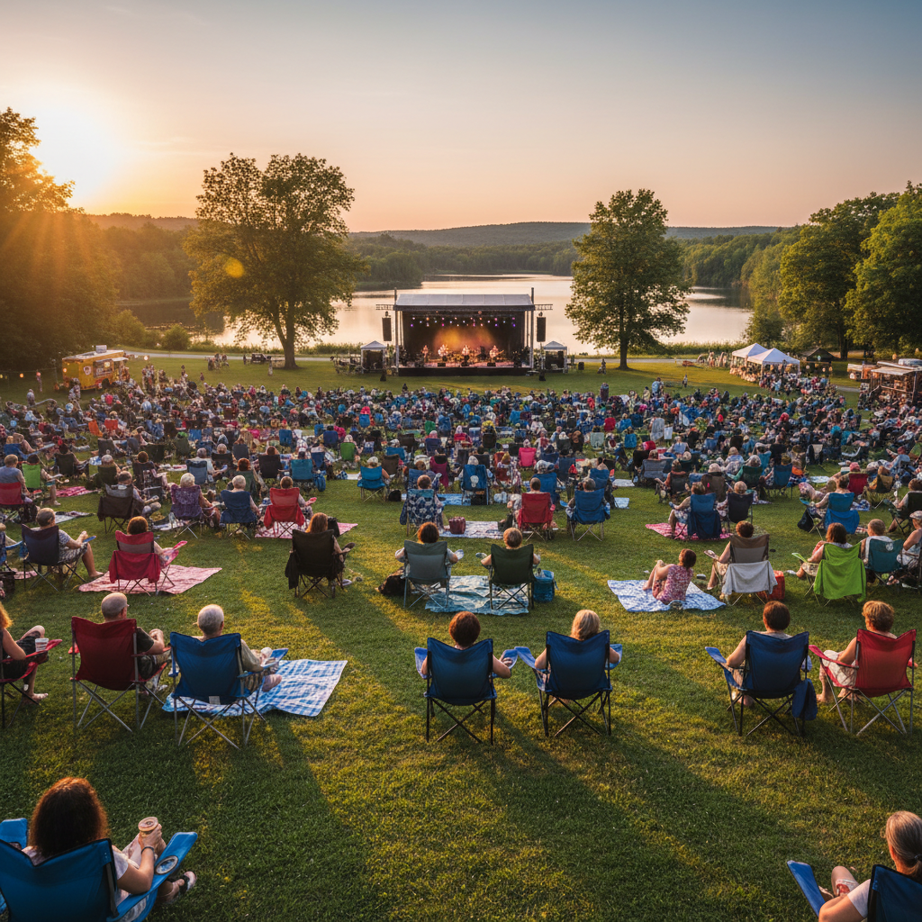 Audience watching an outdoor concert at sunset in a Collingwood park with the Georgian Bay shoreline in the background