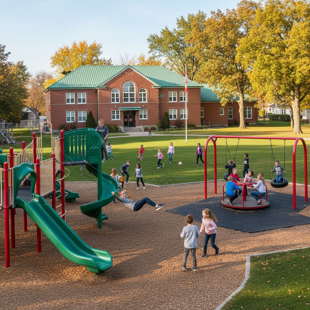 School playground in Collingwood with children and fall foliage