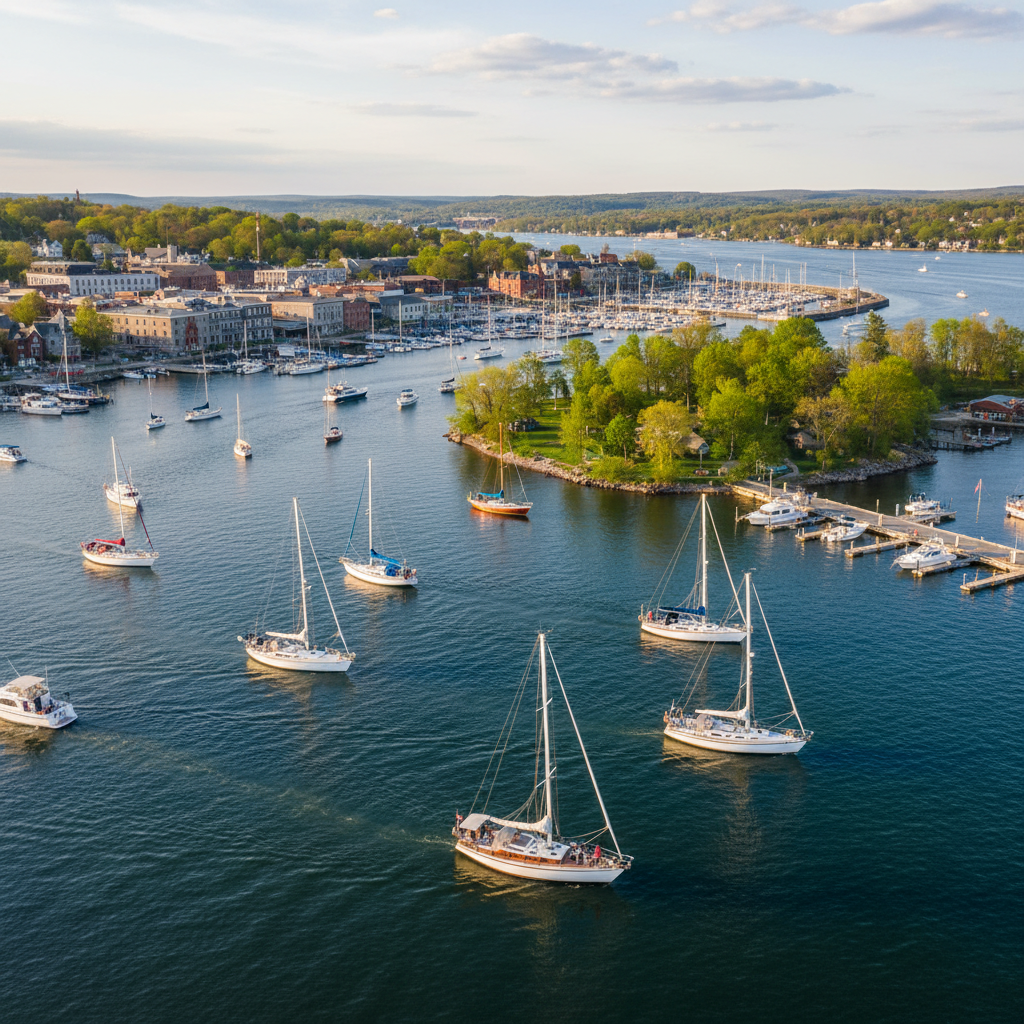 View of Collingwood harbour in spring with ice retreating from Georgian Bay