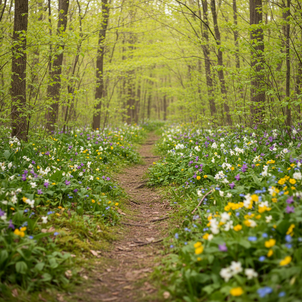 Spring wildflowers along a trail near Collingwood with green budding trees