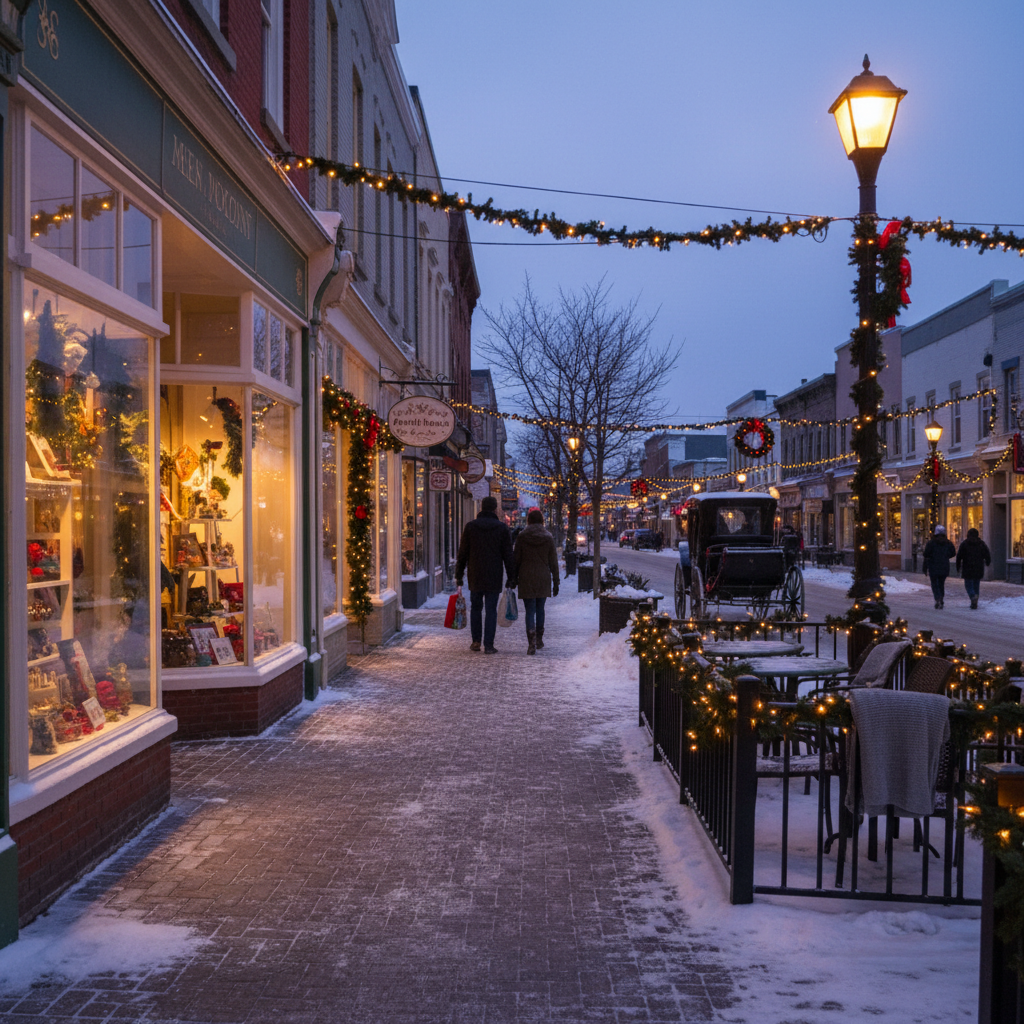 Downtown Collingwood in winter with snow-covered streets and warm shop lights