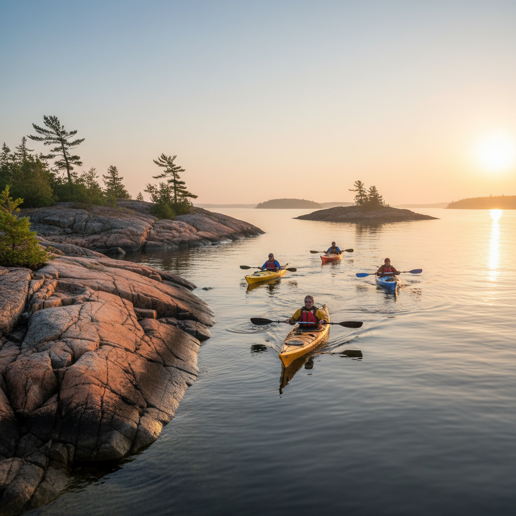 Kayakers paddling on the clear waters of Georgian Bay near Collingwood on a calm summer morning