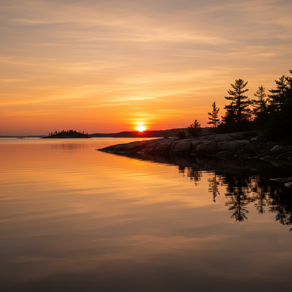 Golden sunset over Georgian Bay seen from a sandy beach near Collingwood with calm water reflecting the sky