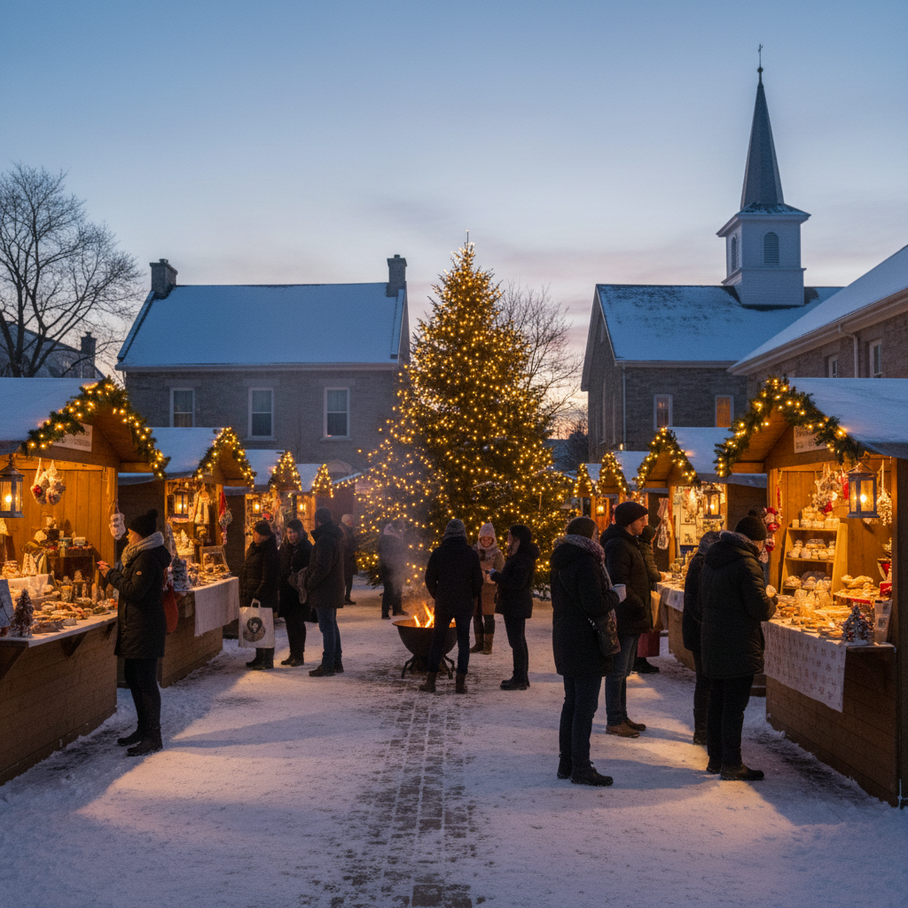Visitors browsing a holiday market stall with handmade crafts and seasonal decorations in downtown Collingwood