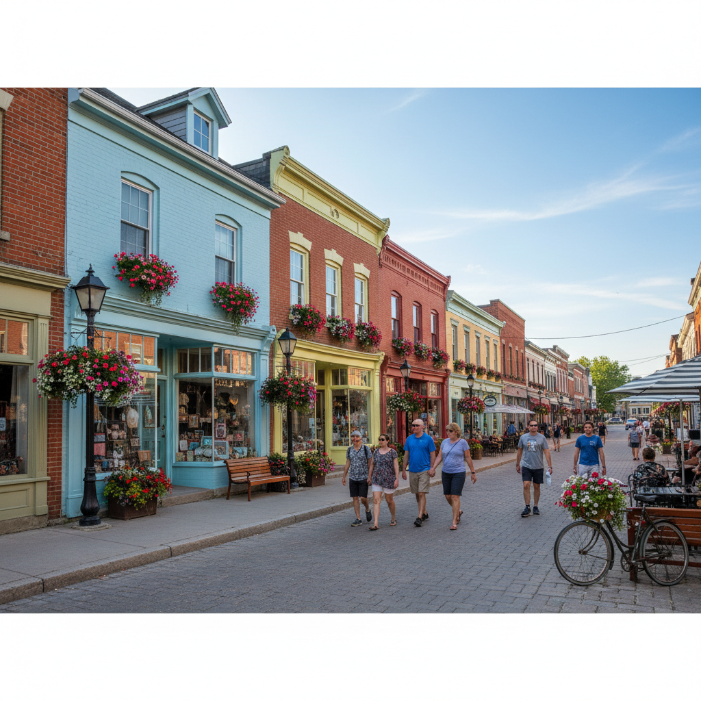 Storefronts along Hurontario Street in downtown Collingwood with colourful awnings and window displays