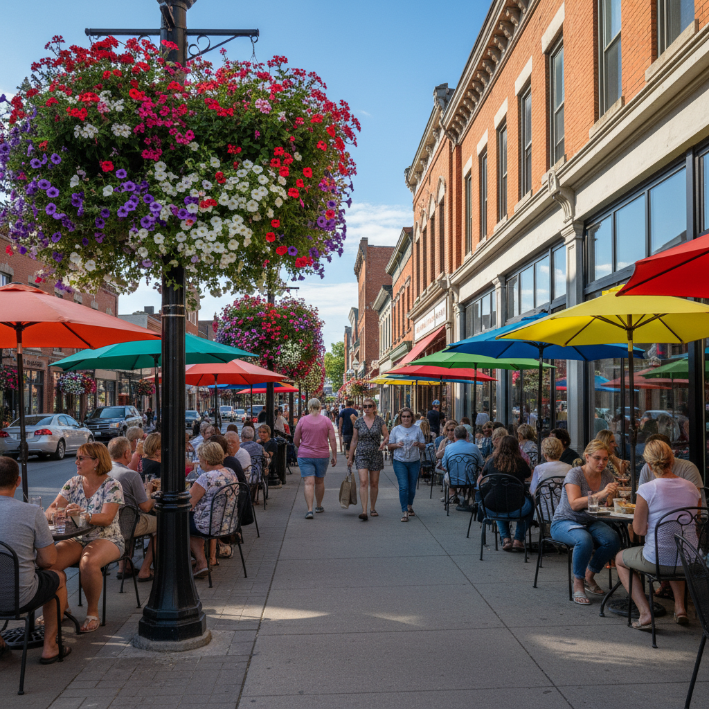 Pedestrians walking along Hurontario Street in downtown Collingwood on a sunny summer day