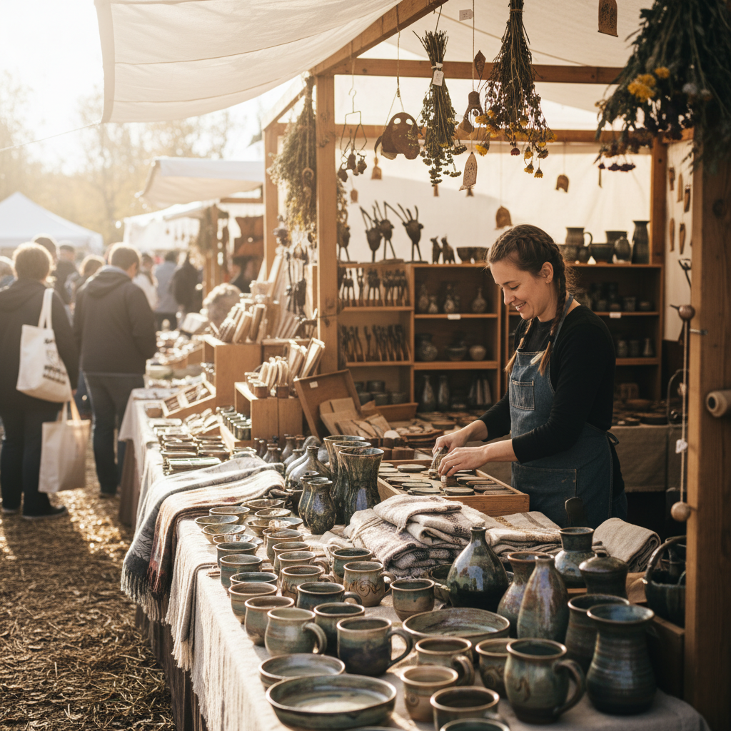 Handmade pottery displayed on a wooden table at a Collingwood Farmers Market artisan stall