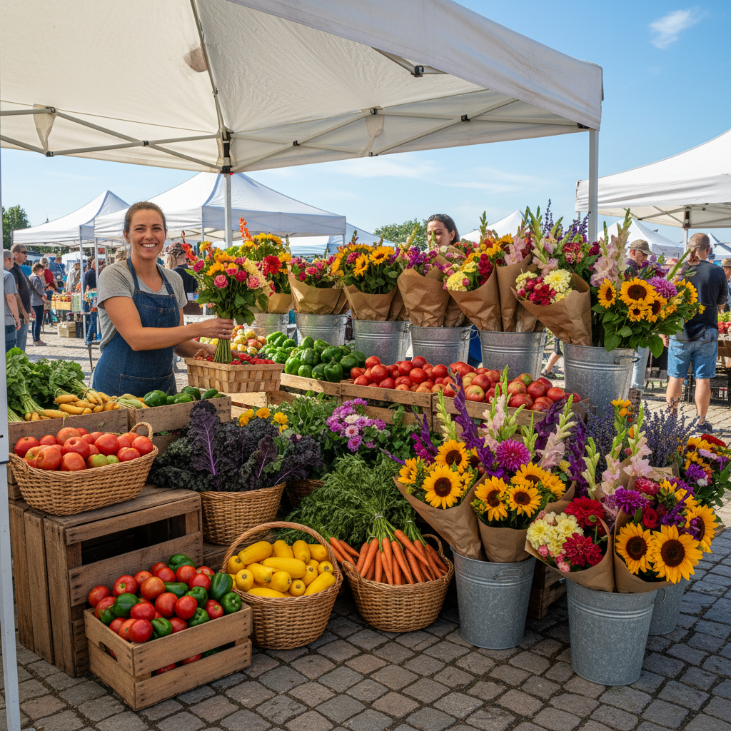 Bouquets of fresh-cut flowers alongside baskets of seasonal vegetables at the Collingwood Farmers Market