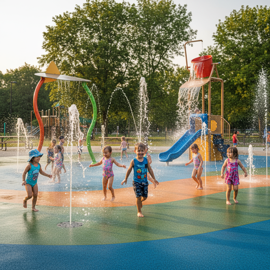 Children playing at the Millennium Park splash pad with the Collingwood harbour and marina in the background