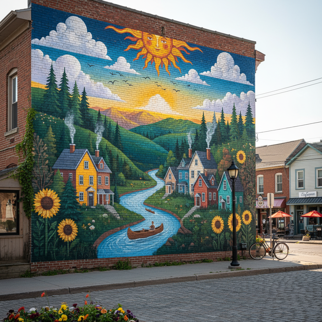A large public art mural on the side of a downtown Collingwood building depicting a Georgian Bay scene in vibrant colours